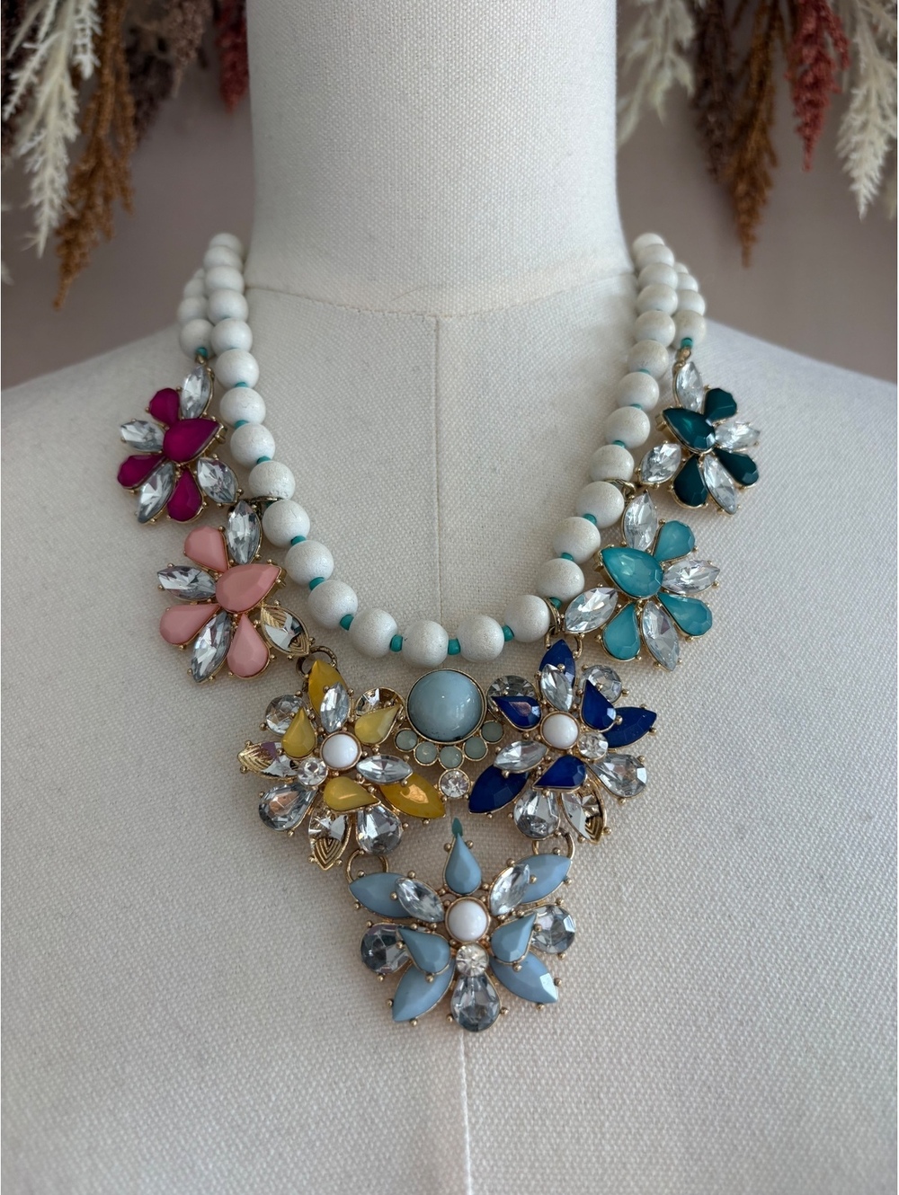 Colorful Floral Statement Necklace with White Beaded Chain